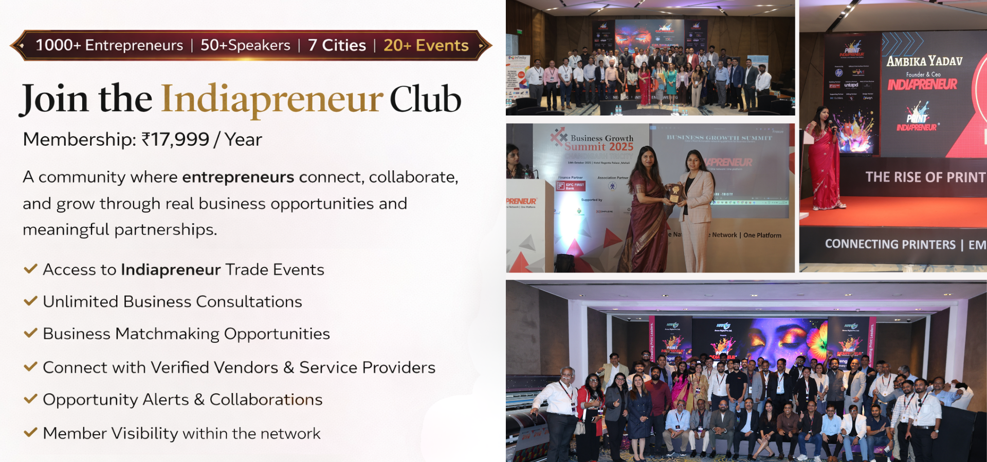 Indiapreneur community events and business conferences connecting 1000+ entrepreneurs, speakers, and industry leaders across multiple cities in India.